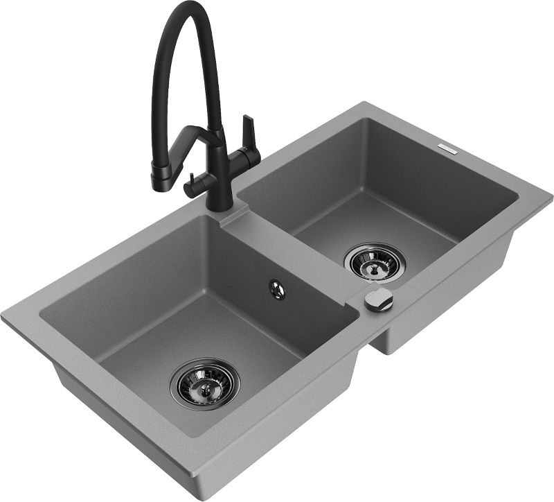 Zlewozmywak granitowy Mexen Mario 2-komorowy z baterią kuchenną Elia szary - 6504-71-670101-71 1 szt.