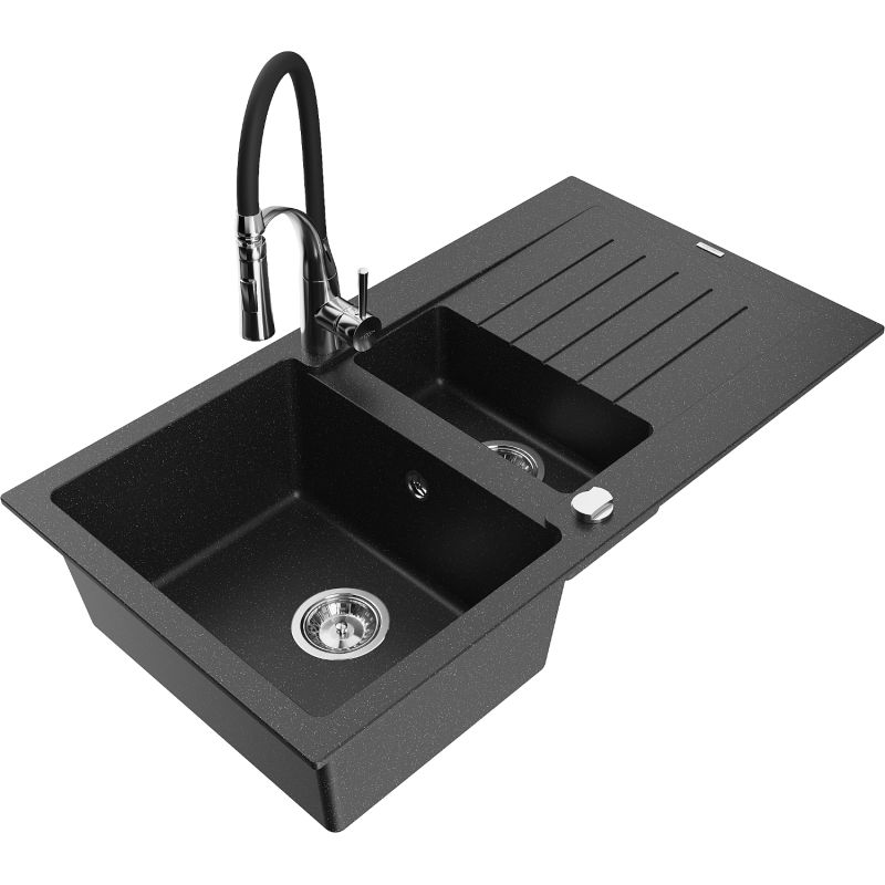 Zlewozmywak granitowy 1.5-komorowy Mexen Matias z ociekaczem i baterią Aster czarny/złoty metalik - 6502-75-73450-70-B 1 szt.