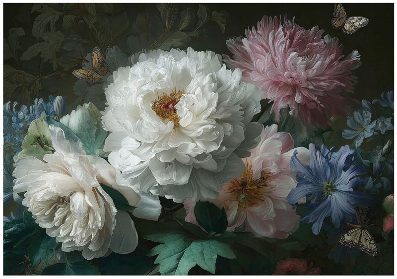 Fototapeta Kwiaty Vintage Na Czarnym Tle Piwonie WALLARENA 250x175 cm Tapeta Do Sypialni Salonu Kuchni 1 szt.