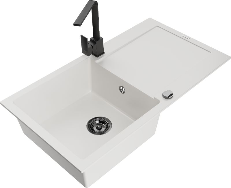 Zlewozmywak granitowy Mexen Leo 1-komorowy z ociekaczem i baterią kuchenną Rita biały - 6501-20-670300-50 1 szt.