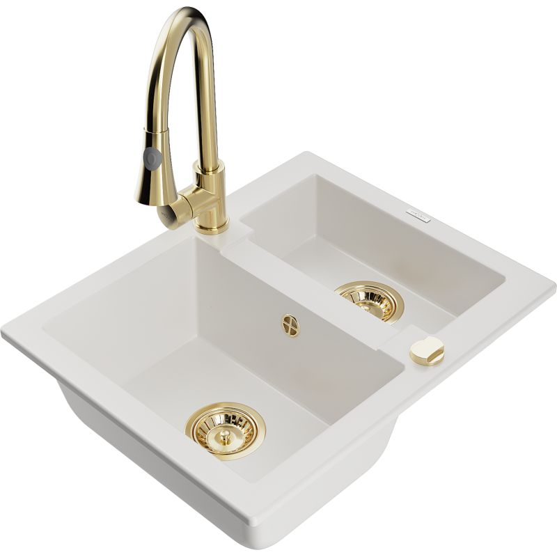 Zlewozmywak granitowy 1.5-komorowy Mexen Carlos z baterią kuchenną Elia biały 6518-20-670101-50