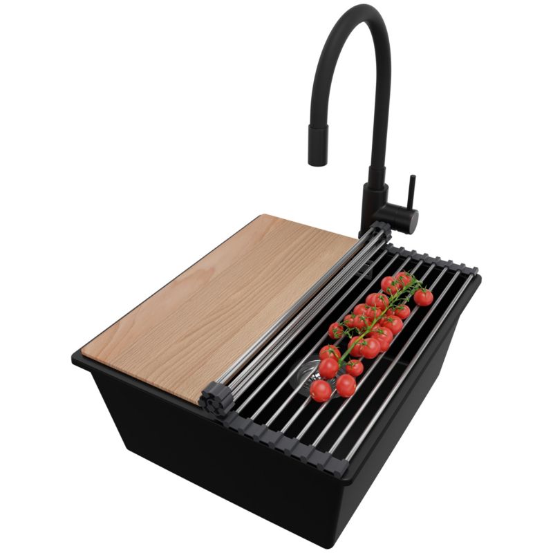 Zlewozmywak Granitowy Londyn Slim PRIMAGRAN Nablatowy 41x47cm do szafki od 45cm z Syfonem i Baterią i Dodatkiem Czarny 1 szt.