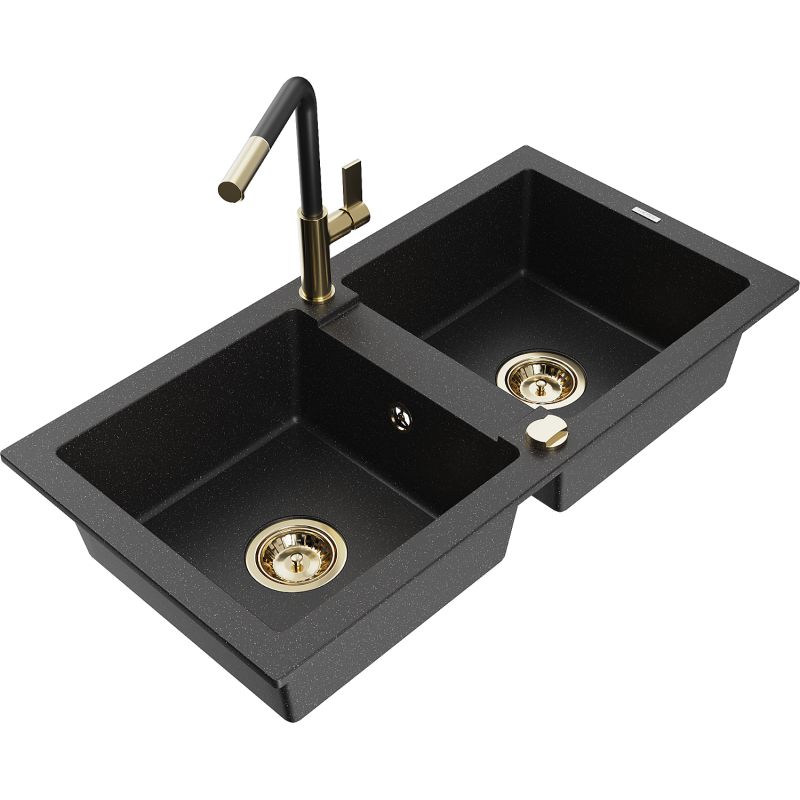 Zlewozmywak granitowy 2-komorowy Mexen Mario z baterią kuchenną Flora czarny/srebrny metalik 6504-73-670401-57-G