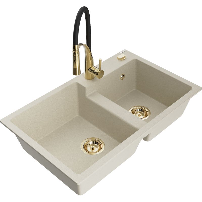 Zlewozmywak granitowy 2-komorowy Mexen Tomas z baterią kuchenną Aster beżowy 6516-69-73450-57-G