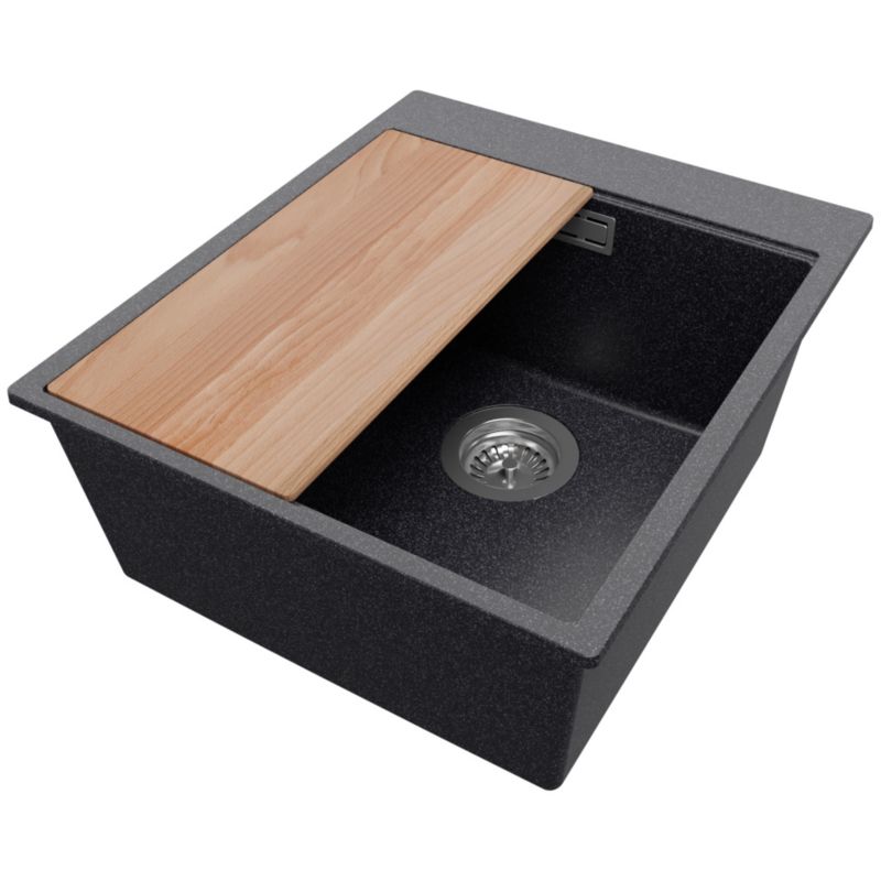 Zlewozmywak Oslo PRIMAGRAN Nablatowy 43x50cm do szafki od 45cm, Grafitowy + Syfon + Deska, S185, 1 szt.