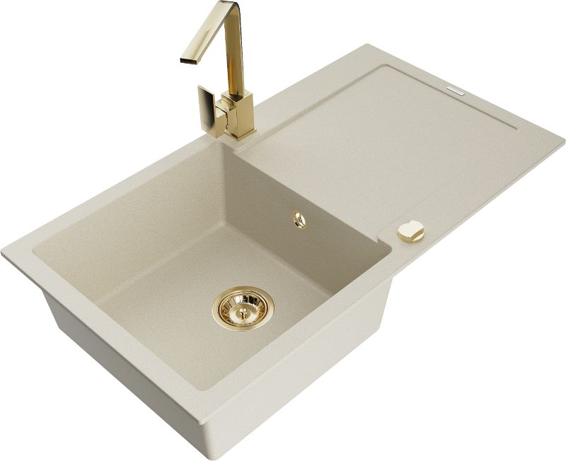 Zlewozmywak granitowy Mexen Leo 1-komorowy z ociekaczem i baterią kuchenną Rita biały - 6501-20-670300-20 1 szt.