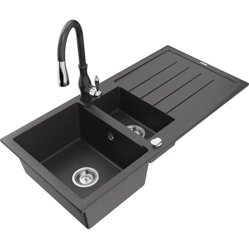 Zlewozmywak granitowy 1.5-komorowy Mexen Andres z ociekaczem i baterią kuchenną Savita czarny/srebrny - 6515-73-672601-00 1 szt.