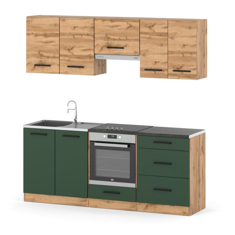 Zestaw Kuchenny Hurtownia-Mebli Z Blatem Kuchnia Mini Mokka Full 200cm Dąb Wotan Dąb Wotan/Butelkowa Zieleń 200x47x145 cm 1szt.