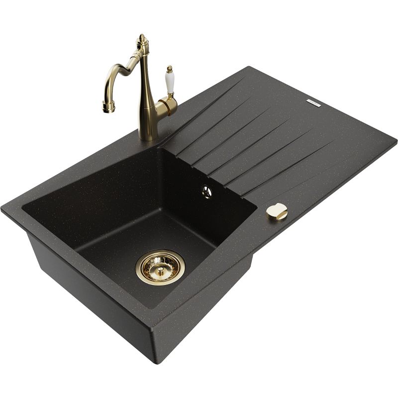 Zlewozmywak granitowy 1-komorowy Mexen Cesar z ociekaczem i baterią kuchenną Carla czarny/złoty metalik 6514-75-670700-50