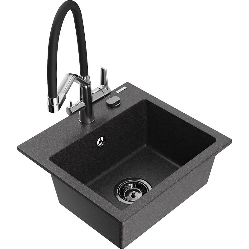 Zlewozmywak granitowy 1-komorowy Mexen Milo z baterią kuchenną Duo czarny nakrapiany 6505-76-671701-07-B