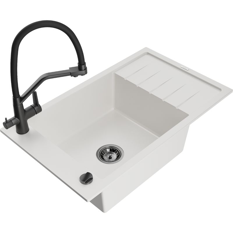 Zlewozmywak granitowy 1-komorowy Mexen Elias z ociekaczem i baterią kuchenną Duo czarny - 6511-77-671701-70-B 1 szt.