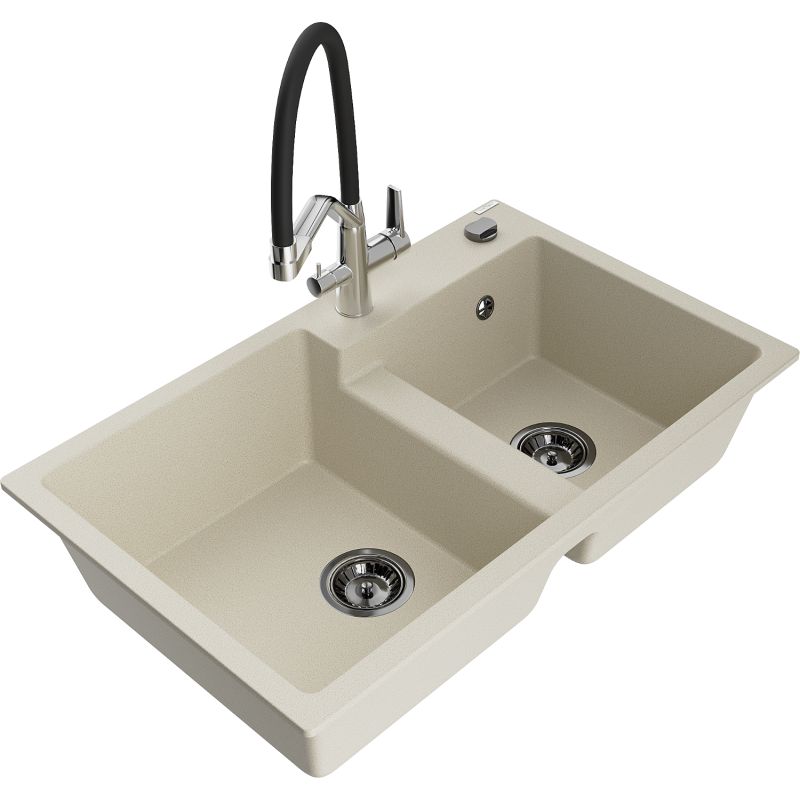 Zlewozmywak granitowy 2-komorowy Mexen Tomas z baterią kuchenną Duo beżowy 6516-69-671701-07-B