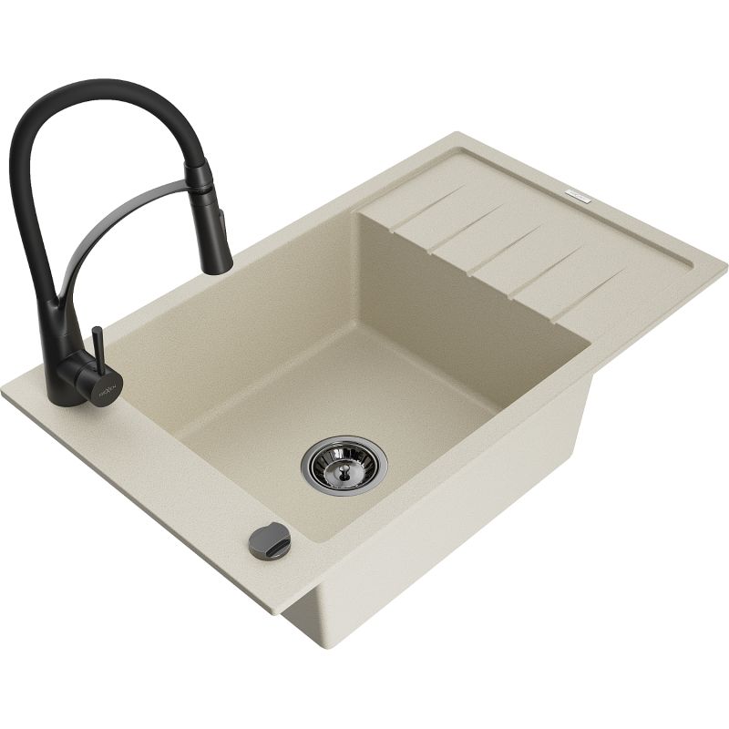 Zlewozmywak granitowy 1-komorowy Mexen Elias z ociekaczem i baterią kuchenną Aster biały - 6511-20-73450-70-B 1 szt.