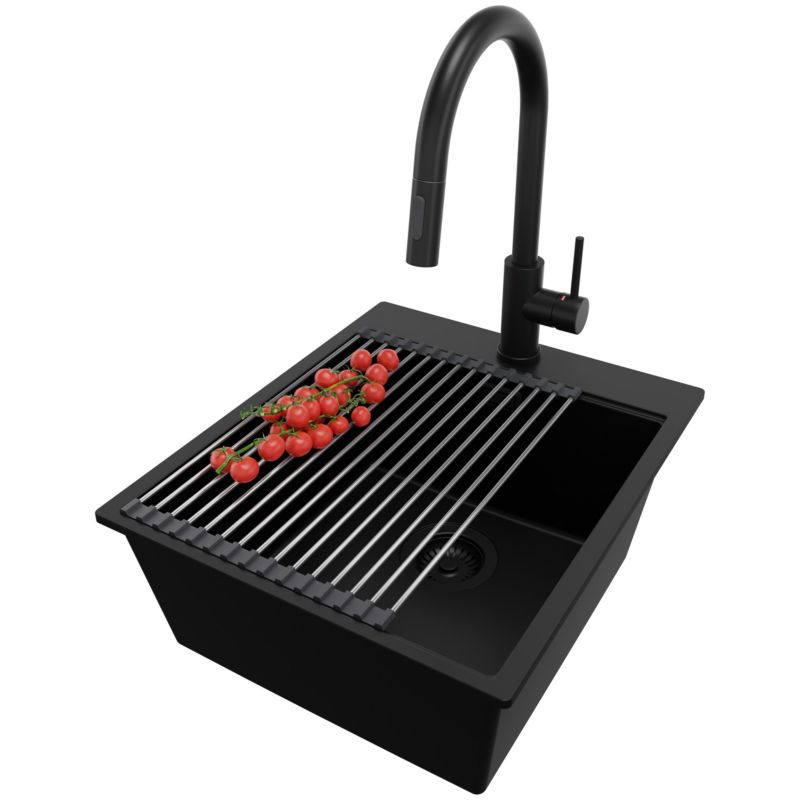 Zlewozmywak Granitowy Oslo PRIMAGRAN Nablatowy 43x50cm do szafki od 45cm z Syfonem i Baterią i Dodatkiem Cały Czarny 1 szt.