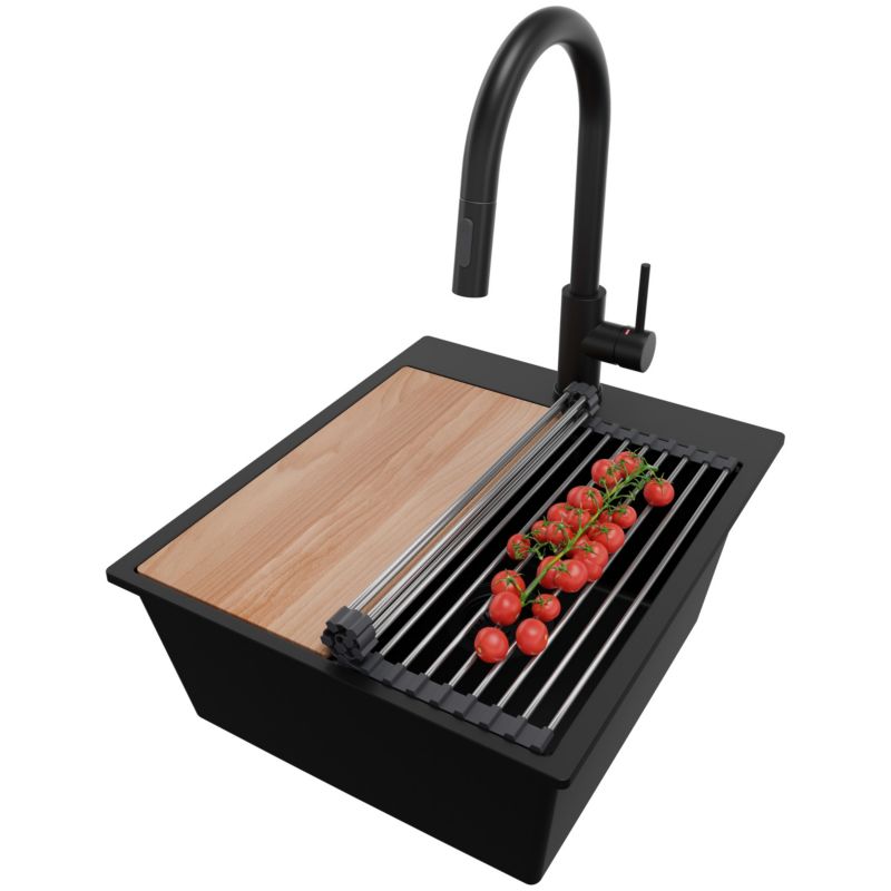 Zlewozmywak Granitowy Oslo PRIMAGRAN Nablatowy 43x50cm do szafki od 45cm z Syfonem i Baterią i Dodatkiem Cały Czarny 1 szt.