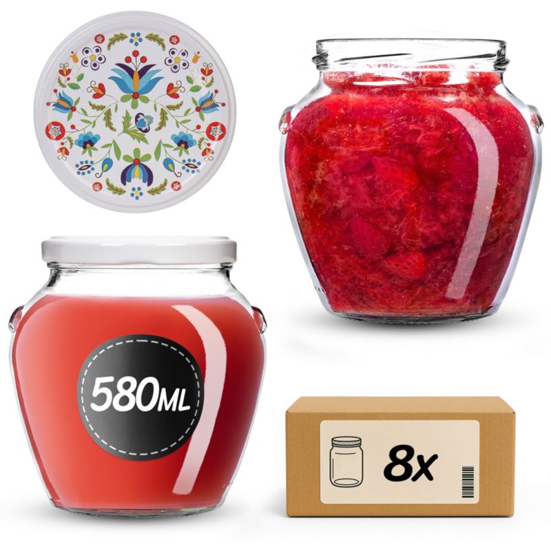 Słoiki na przetwory KADAX 580ml + wieczka "Kaszubski folklor" 82mm 8szt.