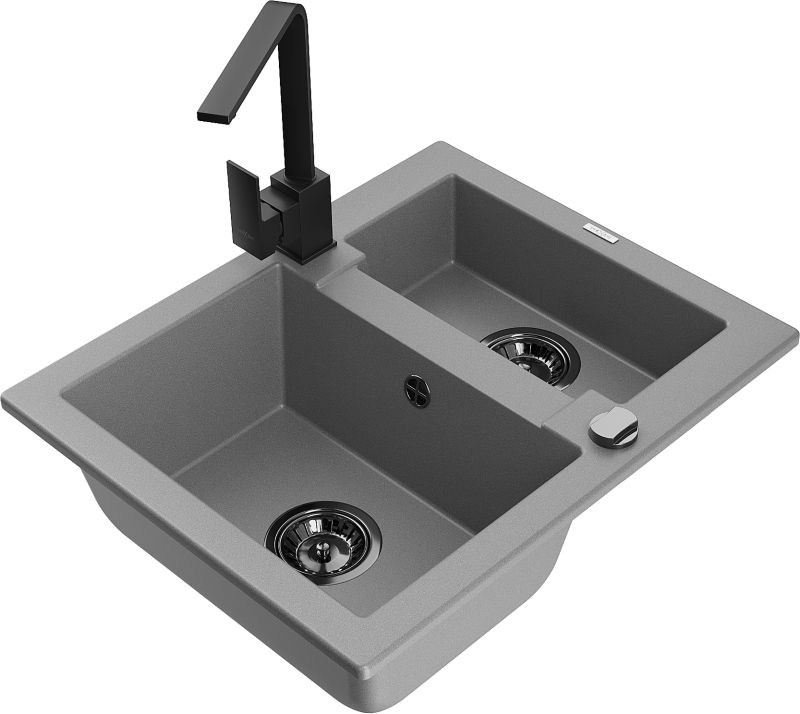 Zlewozmywak granitowy Mexen Carlos 1,5-komorowy z baterią kuchenną Savita szary - 6518-71-672601-00 1 szt.