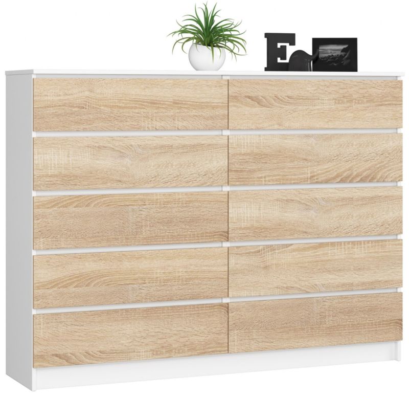 Komoda Akord K160 Biała 160 cm 10 szuflad kolor Dąb Sonoma mat 160x40x121 cm 1 szt.