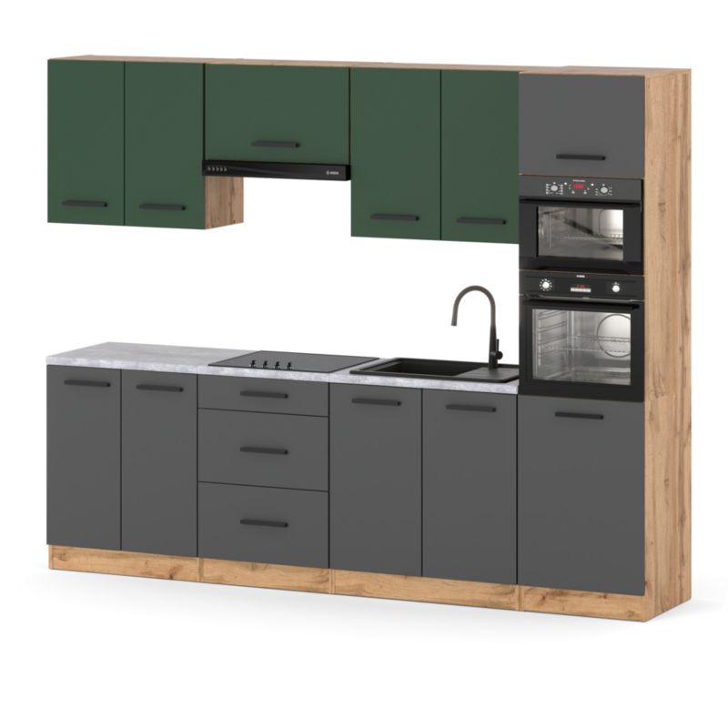 Zestaw Kuchenny Hurtownia-Mebli Z Blatem Kuchnia Marra 260cm Dąb Wotan Butelkowa Zieleń/Szary Mat 260x47x217 cm 1szt.