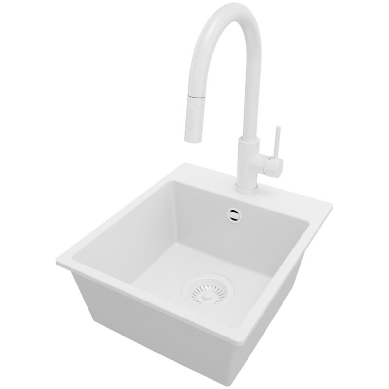 Zlewozmywak Granitowy Ryga Easy PRIMAGRAN Nablatowy 38x44cm do szafki od 40cm, Cały Biały + Bateria 40x20cm + Syfon, S022, 1 szt.