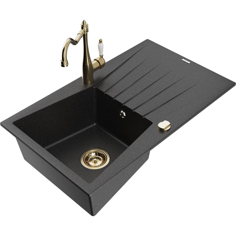 Zlewozmywak granitowy 1-komorowy Mexen Cesar z ociekaczem i baterią kuchenną Carla czarny/srebrny metalik 6514-73-670700-50