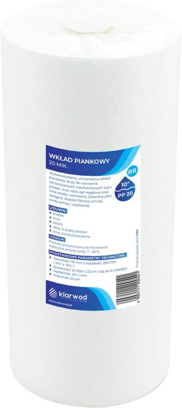 Wkład polipropylenowy Klarwod do filtra BB10 PS 20 mikronów