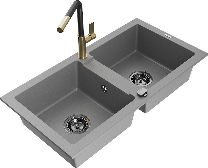 Zlewozmywak granitowy Mexen Mario 2-komorowy z baterią kuchenną Flora szary 6504-71-670401-57-B