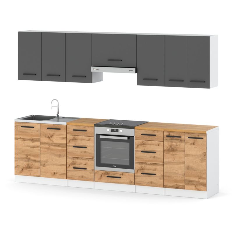Zestaw Kuchenny Hurtownia-Mebli Z Blatem Kuchnia Roma 280cm Biały Mat Szary Mat/Dąb Wotan 280x47x145 cm 1szt.