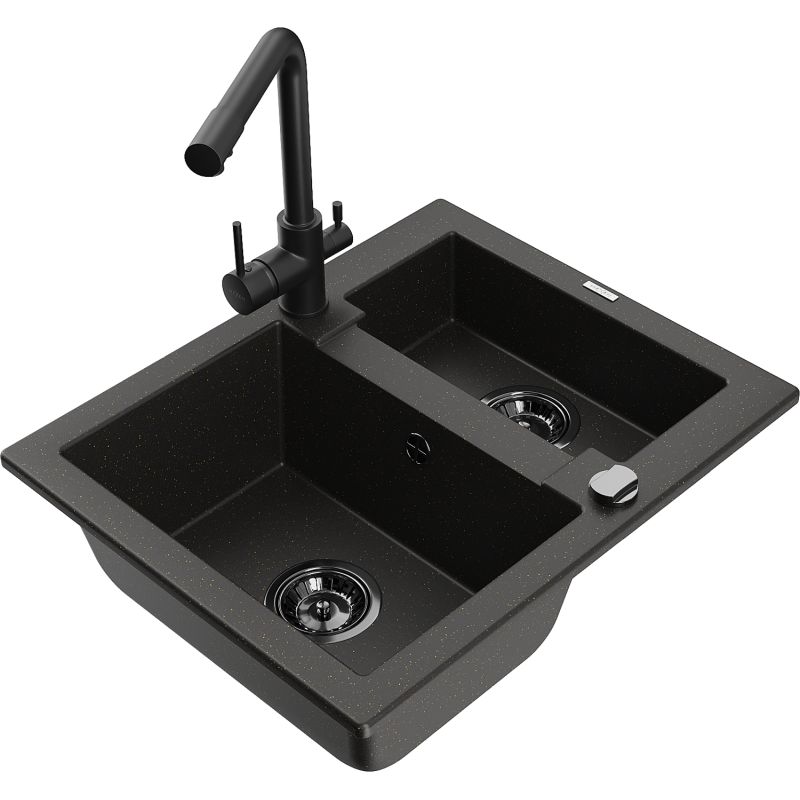 Zlewozmywak granitowy 1.5-komorowy Mexen Carlos z baterią kuchenną Duo beżowy - 6518-69-671701-70-B 1 szt.