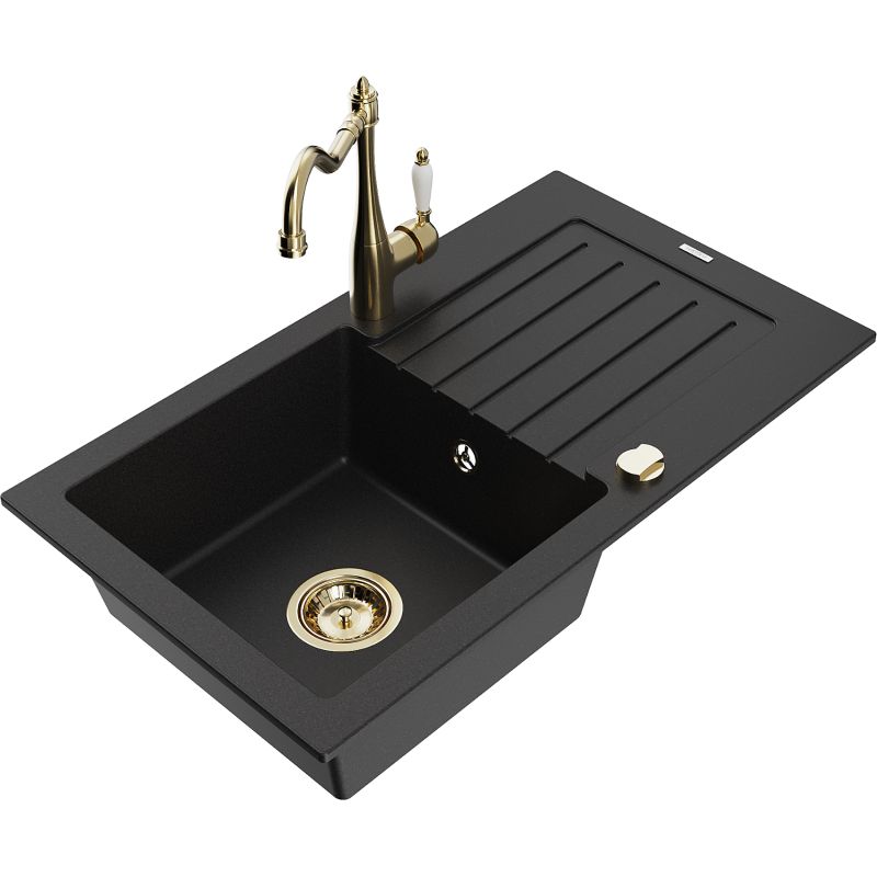 Zlewozmywak granitowy 1-komorowy Mexen Pablo z ociekaczem i baterią kuchenną Carla czarny 6510-77-670700-50
