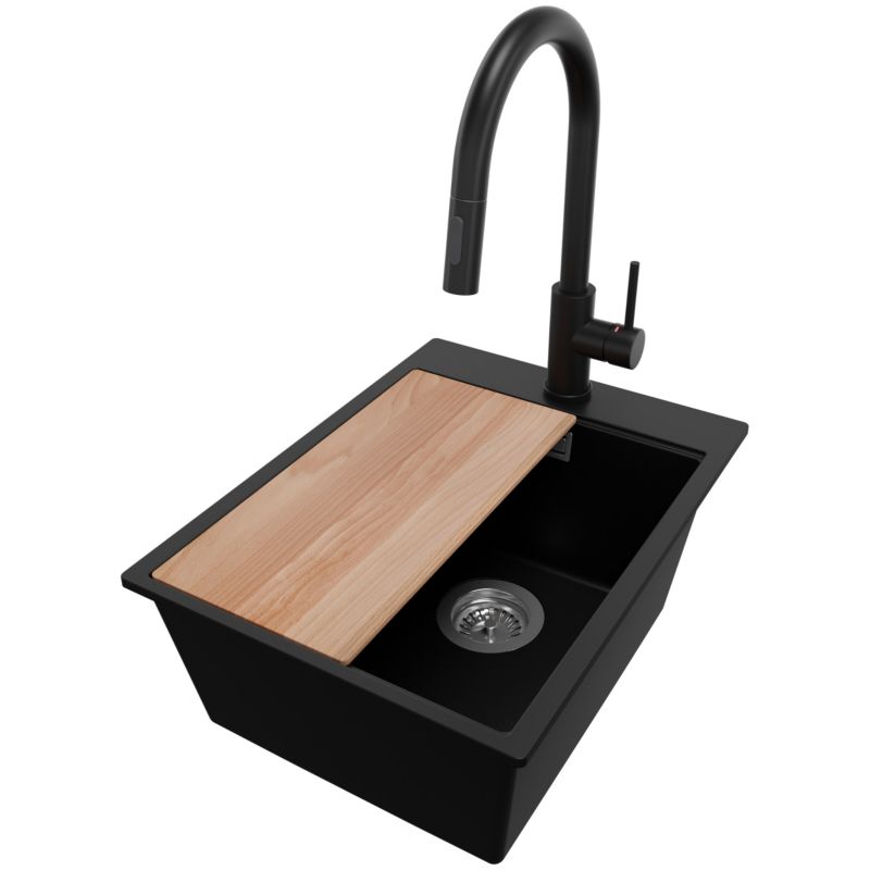 Zlewozmywak Granitowy Oslo PRIMAGRAN Nablatowy 38x50cm do szafki od 40cm, Czarny + Bateria 40x20cm + Syfon + Deska, S091, 1 szt.