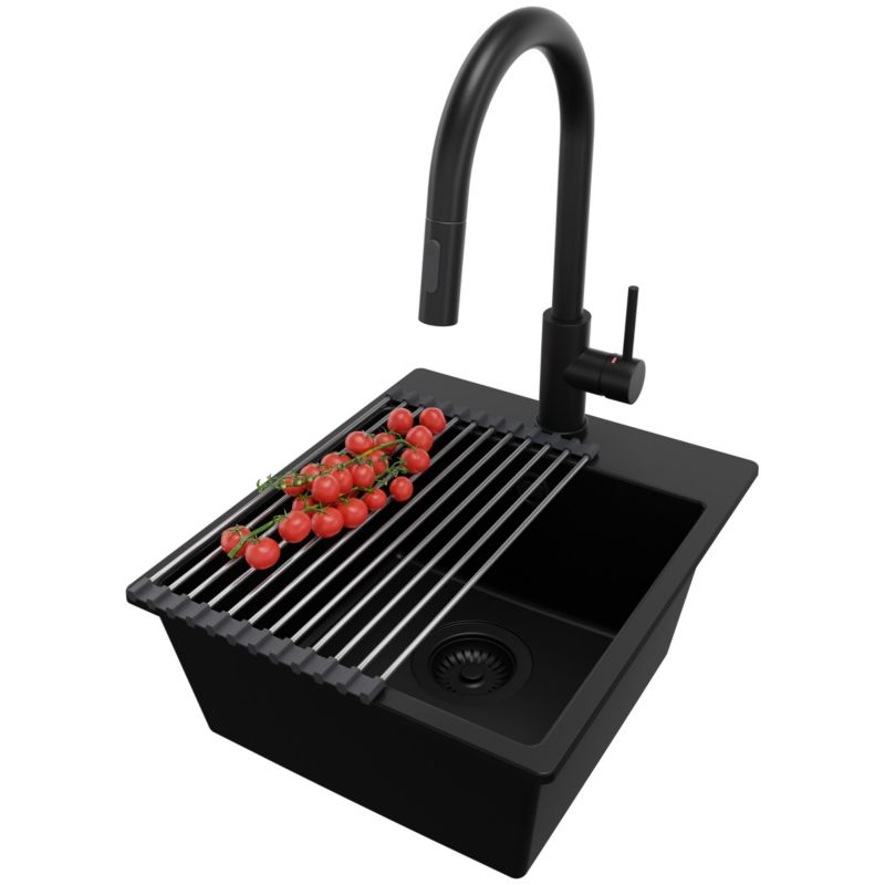 Zlewozmywak Granitowy Ryga Easy PRIMAGRAN Nablatowy 38x44cm do szafki od 40cm z Syfonem i Baterią i Dodatkiem Cały Czarny 1 szt.