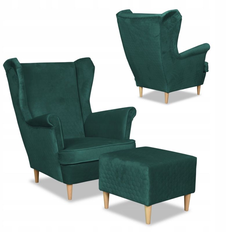 Fotel uszak do salonu z podnóżkiem Family Meble Angelo butelkowa zieleń 1szt