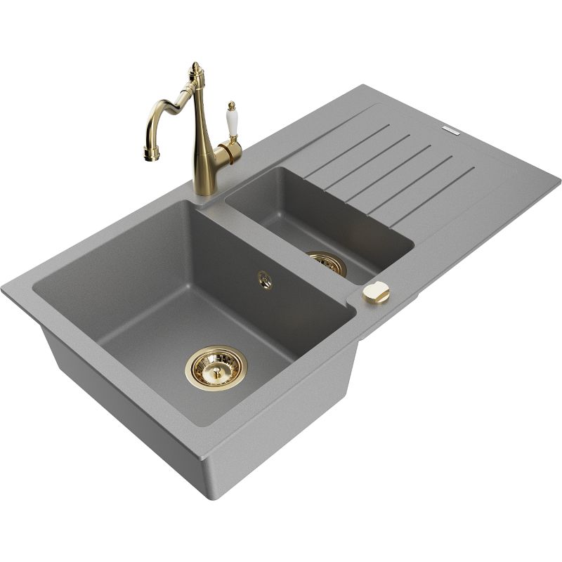 Zlewozmywak granitowy 1.5-komorowy Mexen Matias z ociekaczem i baterią kuchenną Carla szary 6502-71-670700-50