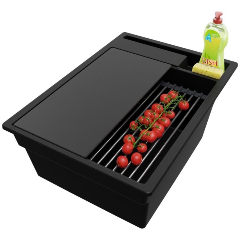 Zlewozmywak Oslo Pocket PRIMAGRAN Nablatowy 38x53cm do szafki od 40cm z Syfonem i Dodatkiem Cały Czarny 1 szt.