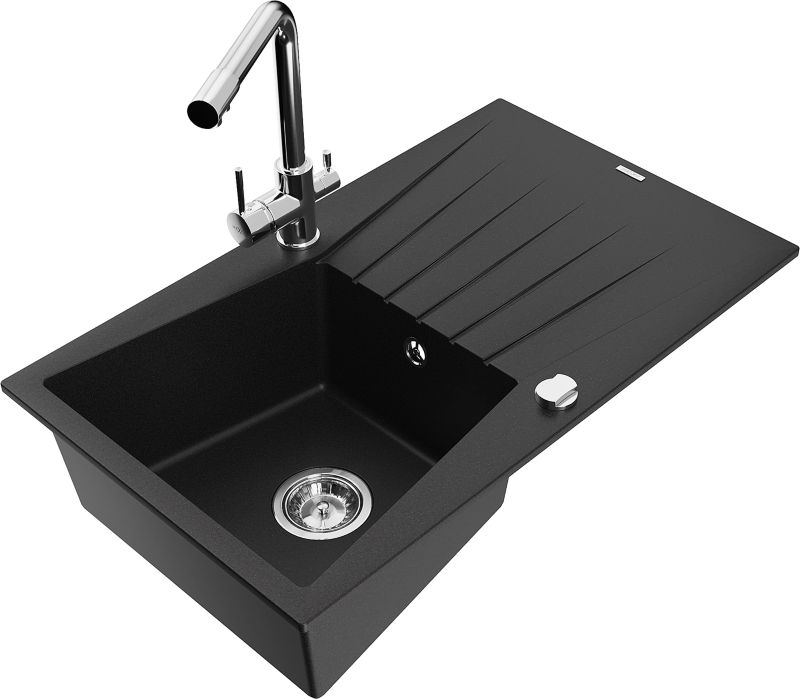 Zlewozmywak granitowy Mexen Cesar 1-komorowy z ociekaczem i baterią kuchenną Duero czarny - 6514-77-671600-70-B 1 szt.