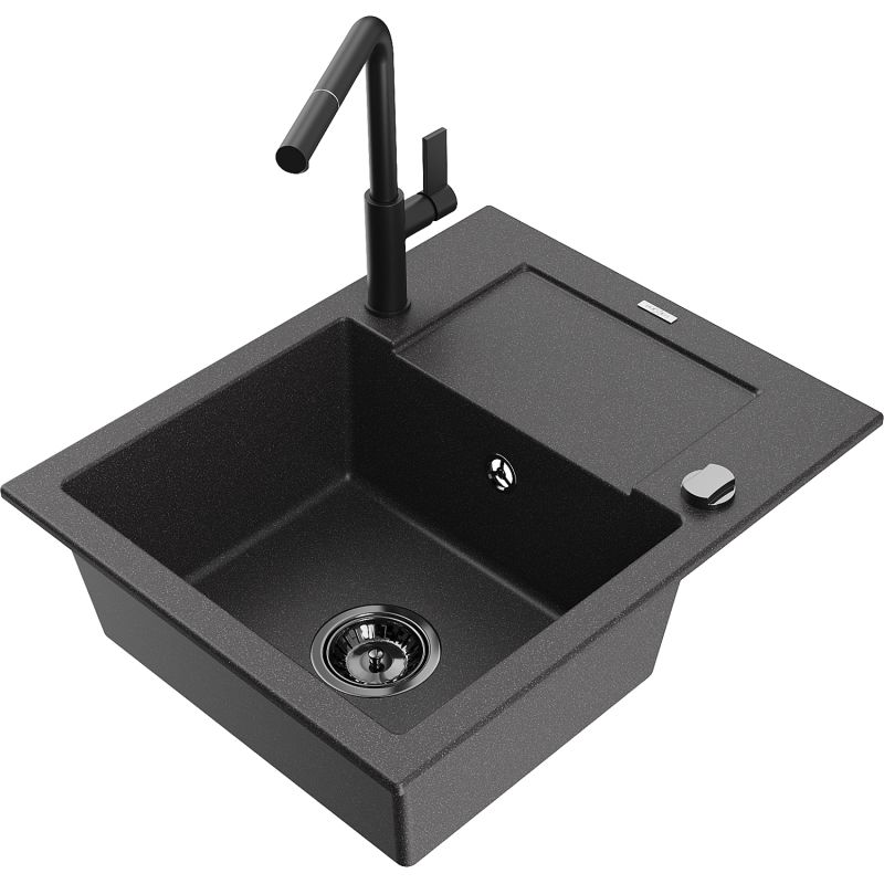 Zlewozmywak granitowy 1-komorowy Mexen Enzo z ociekaczem i baterią kuchenną Flora czarny nakrapiany 6506-76-670401-70-B