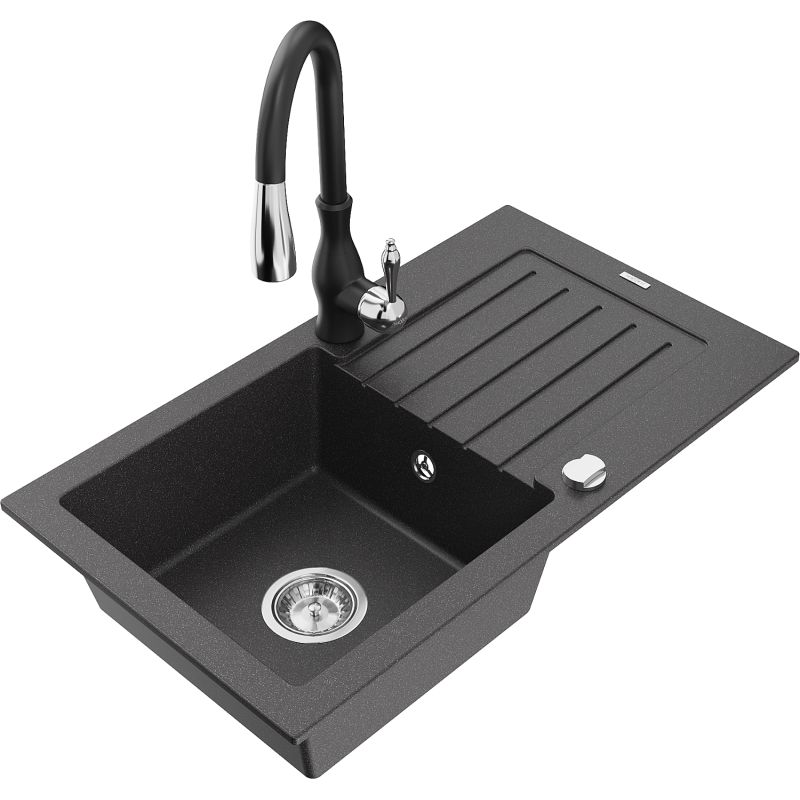 Zlewozmywak granitowy 1-komorowy Mexen Pablo z ociekaczem i baterią kuchenną Savita czarny nakrapiany 6510-76-672601-70