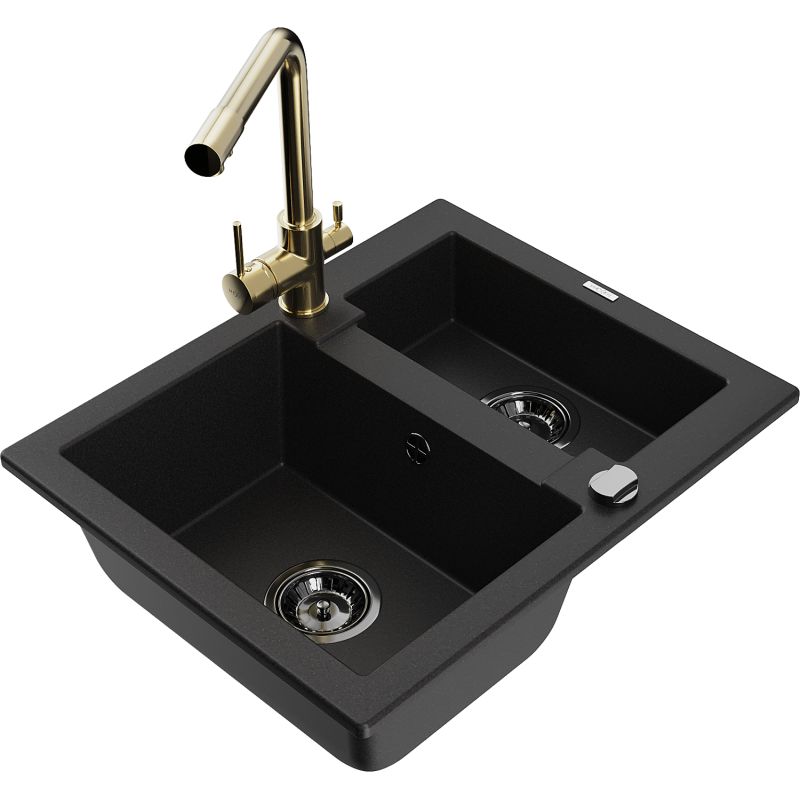 Zlewozmywak granitowy 1.5-komorowy Mexen Carlos z baterią kuchenną Duero czarny 6518-77-671600-50-B