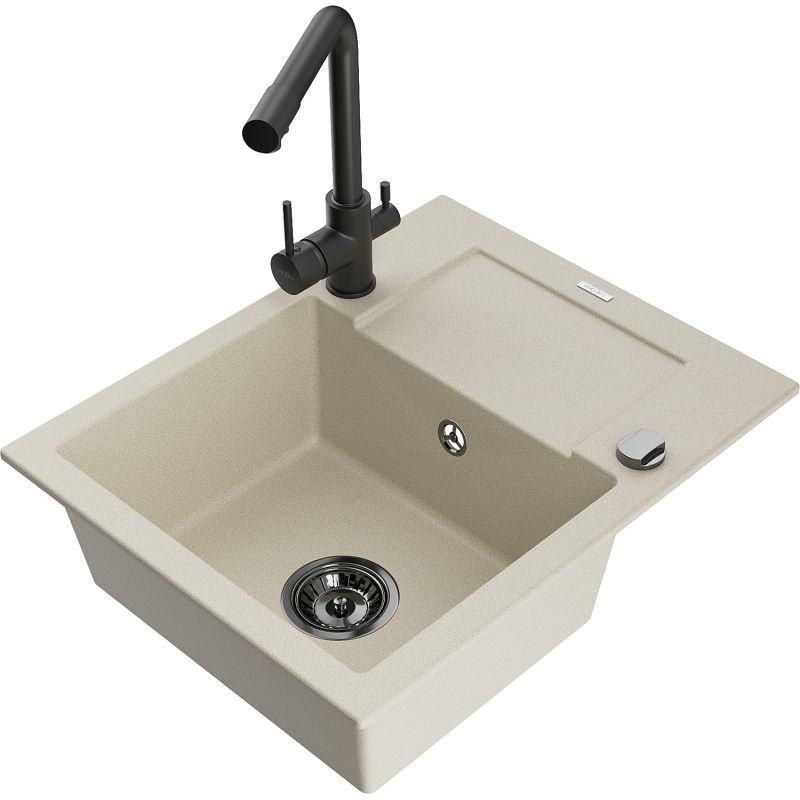 Zlewozmywak granitowy 1-komorowy Mexen Enzo z ociekaczem i baterią kuchenną Duero beżowy - 6506-69-671600-00 1 szt.