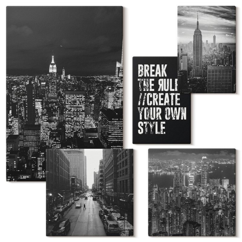 Set Obrazów na Płótnie Wallfluent Ulice miasta czerń biel inspiracja 5 szt.