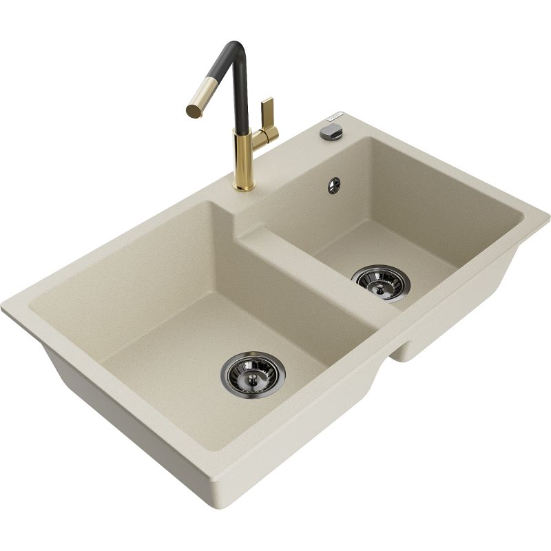 Zlewozmywak granitowy 2-komorowy Mexen Tomas z baterią kuchenną Flora beżowy 6516-69-670401-57-B