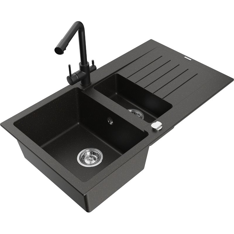 Zlewozmywak granitowy 1.5-komorowy Mexen Matias z ociekaczem i baterią kuchenną Duero szary - 6502-71-671600-71 1 szt.