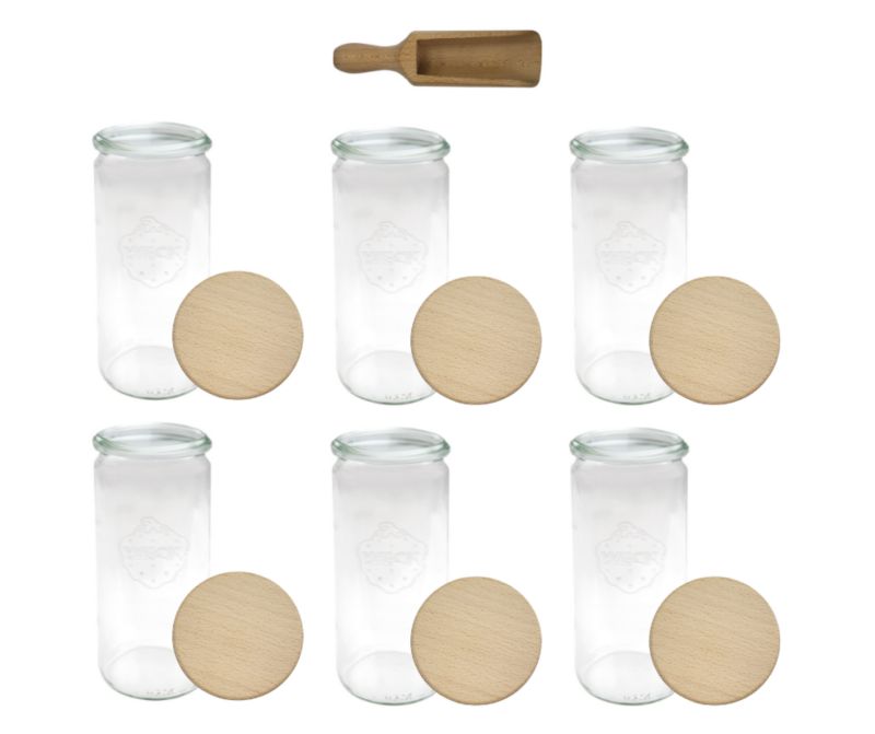 Słoiki MODO24 Weck 1040 ml fi 80 cylinder drewniane wieka miarka 6 kpl.