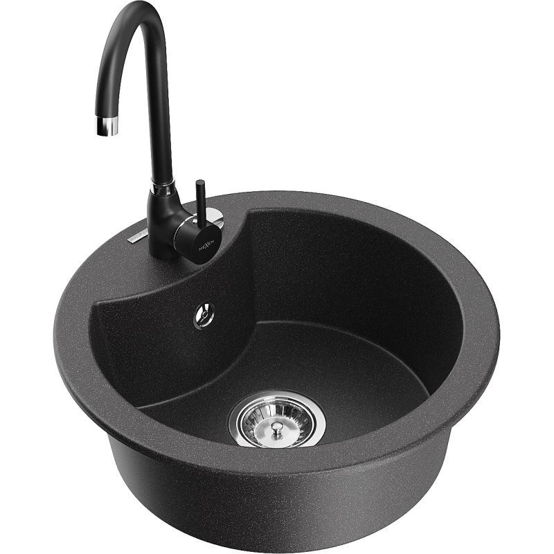 Zlewozmywak granitowy 1-komorowy Mexen Diego z baterią kuchenną Telma czarny nakrapiany - 6512-76-670200-00 1 szt.