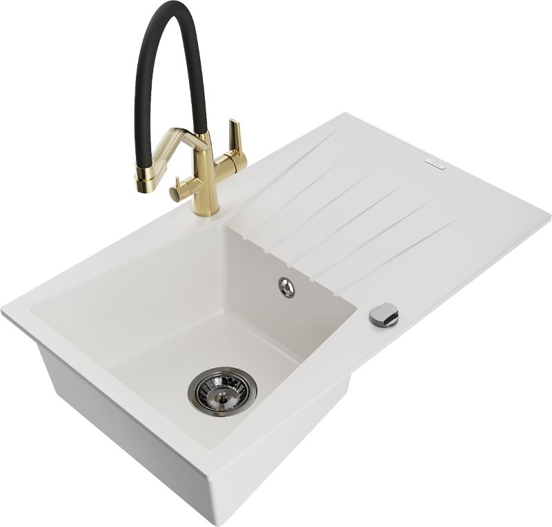 Zlewozmywak granitowy Mexen Cesar 1-komorowy z ociekaczem i baterią kuchenną Duo czarny - 6514-76-671701-57-B 1 szt.