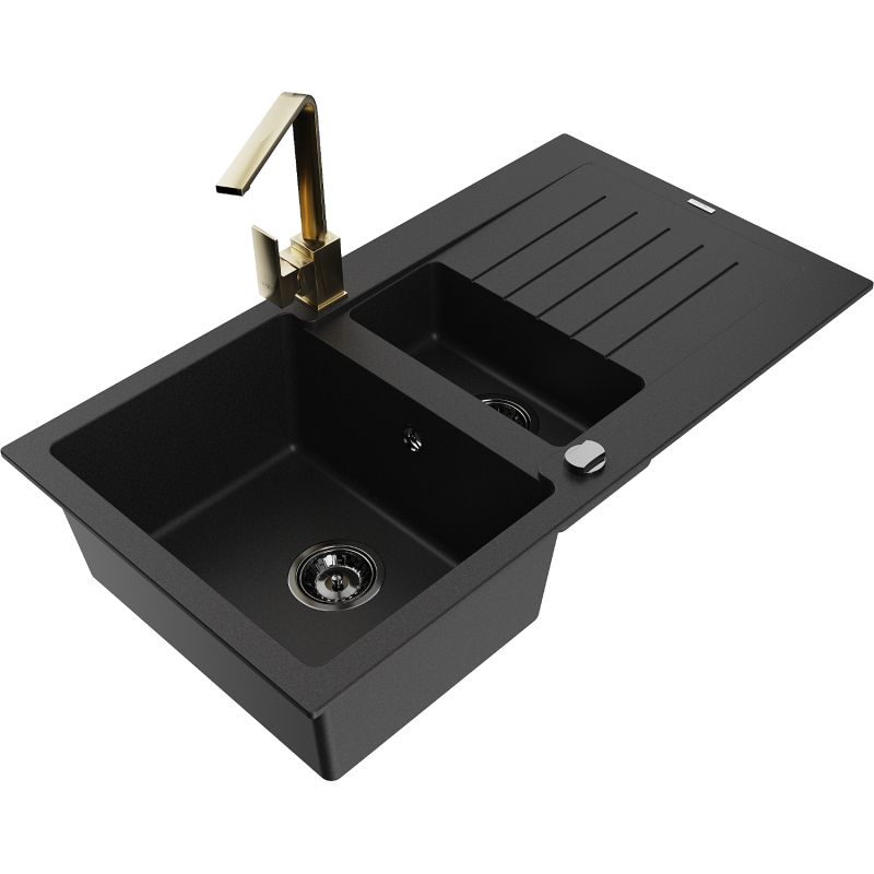 Zlewozmywak granitowy 1.5-komorowy Mexen Matias z ociekaczem i baterią kuchenną Rita czarny - 6502-77-670300-50 1 szt.