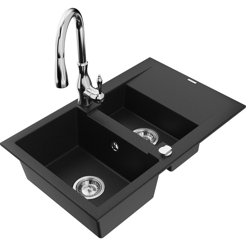 Zlewozmywak granitowy 1.5-komorowy Mexen Gaspar z ociekaczem i baterią kuchenną Savita czarny - 6507-77-672601-70 1 szt.