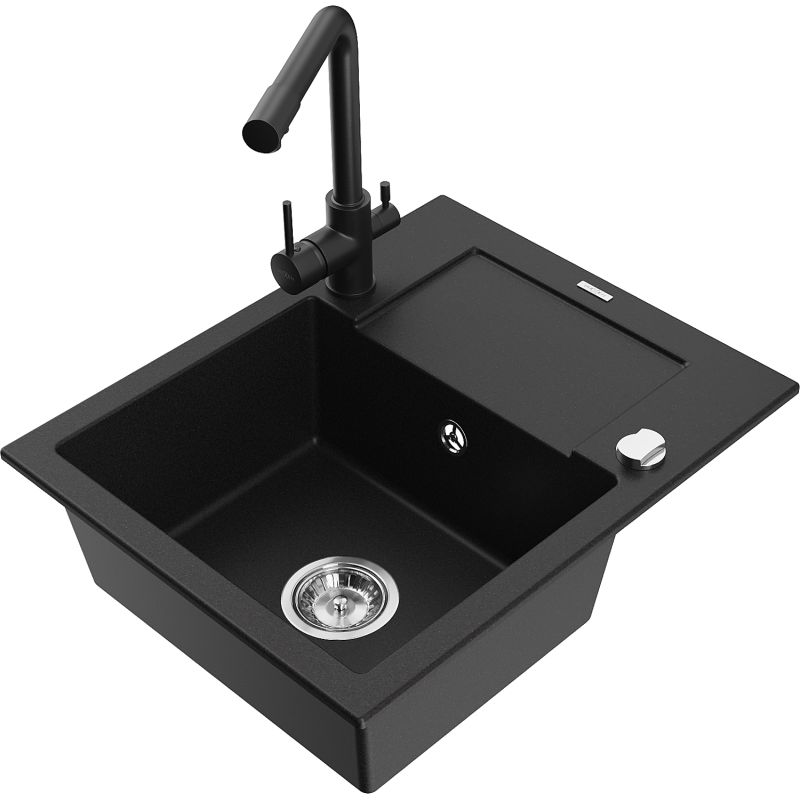 Zlewozmywak granitowy 1-komorowy Mexen Enzo z ociekaczem i baterią kuchenną Duero czarny nakrapiany - 6506-76-671600-76 1 szt.