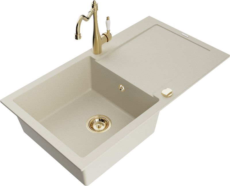 Zlewozmywak granitowy Mexen Leo 1-komorowy z ociekaczem i baterią kuchenną Carla beżowy - 6501-69-670700-00 1 szt.